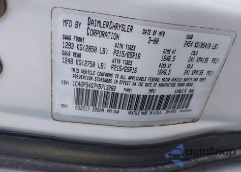 2000 Chrysler Town & Country Lxi z USA, uszkodzony, nr VIN 1C4GP54G7YB713282